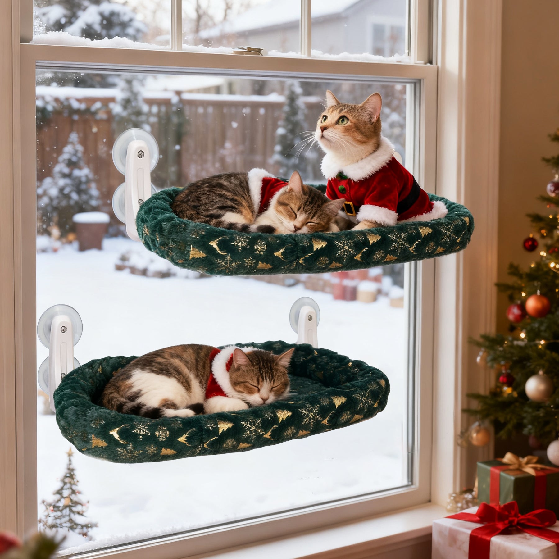 2-Pack Foldable Cat Window Perches with Christmas Cushion Bed