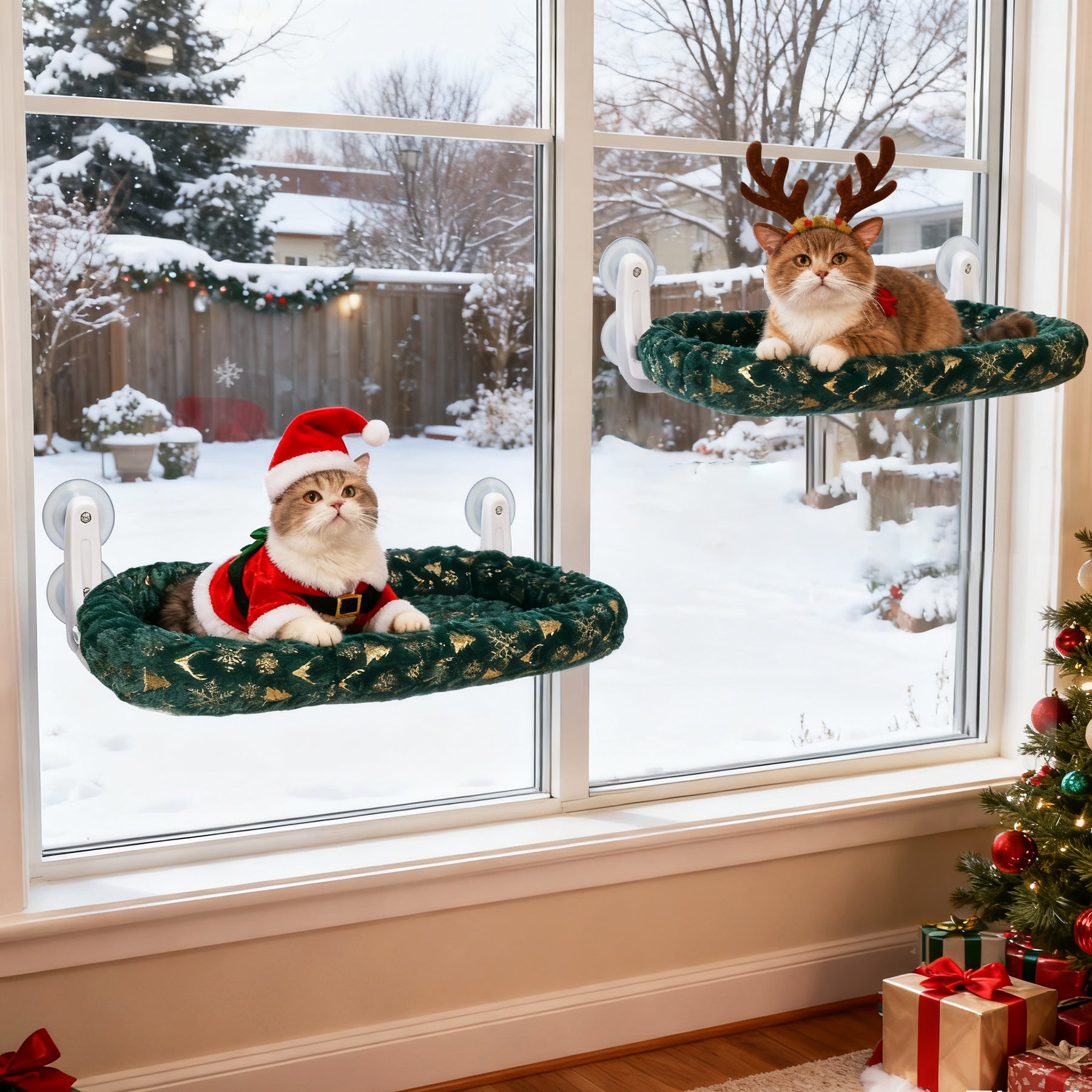 2-Pack Foldable Cat Window Perches with Christmas Cushion Bed