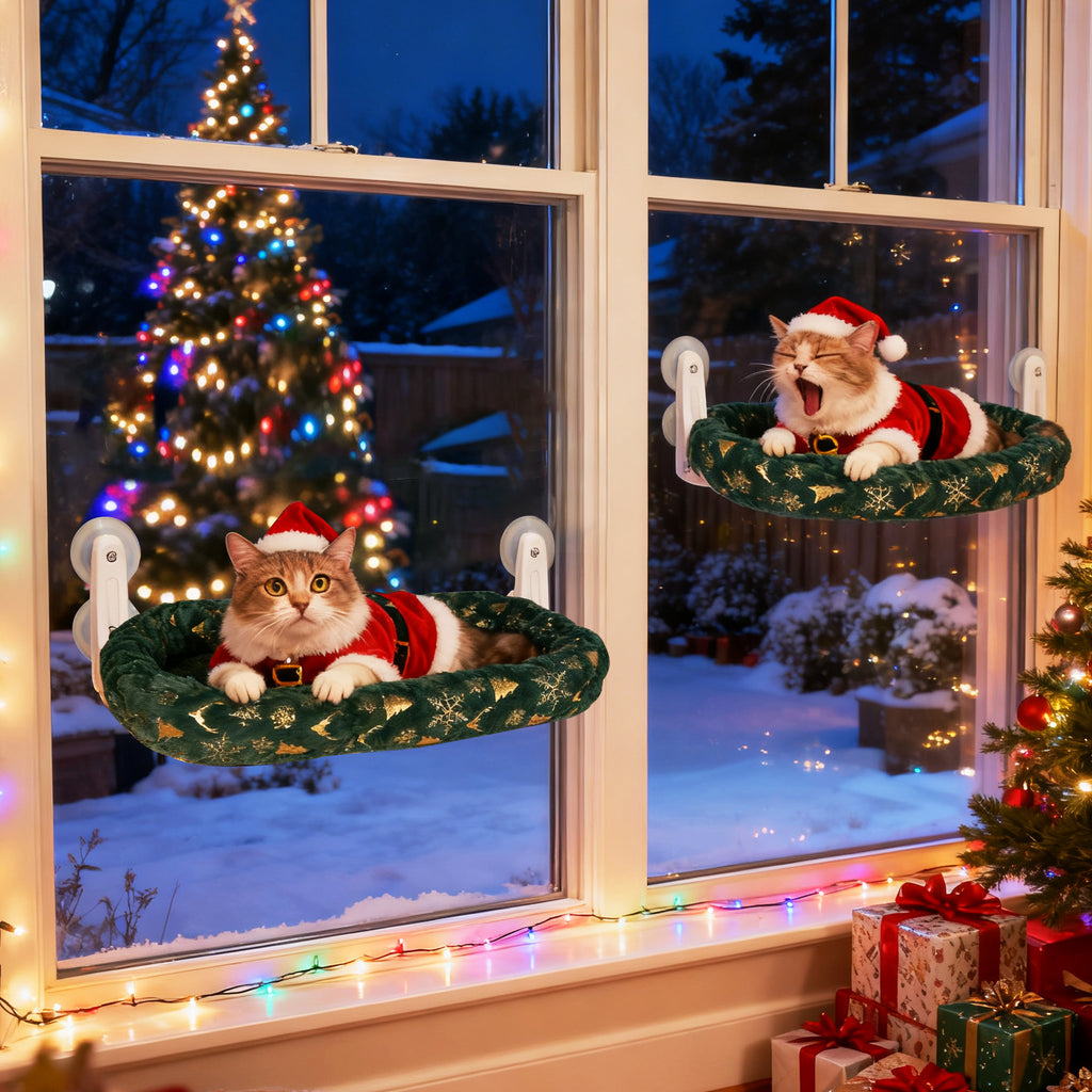 2-Pack Foldable Cat Window Perches with Christmas Cushion Bed