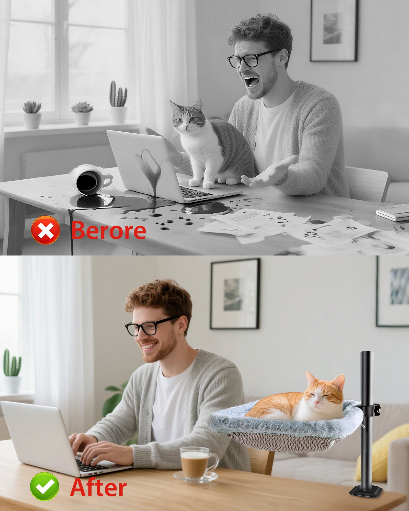 Adjustable Cat Desk Bed with 360° Rotating Arm